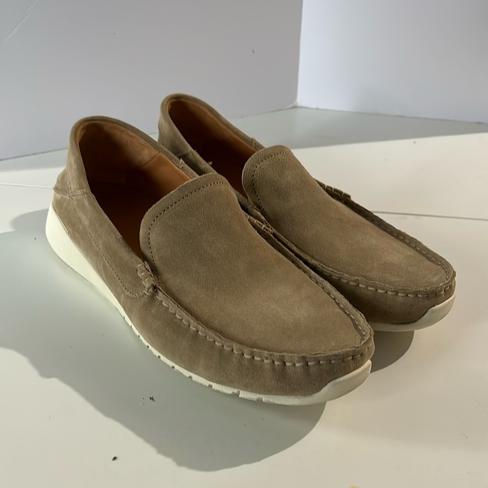 OluKai Men's Taupe Suede Slip-On Driving Mocs with White Sole